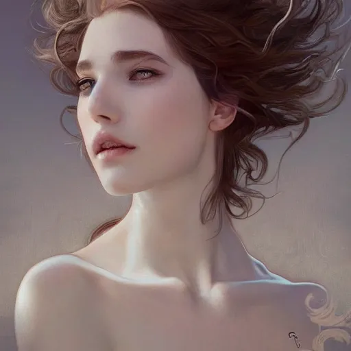 Image similar to god, non-binary, white hair, long hair, intricate, elegant, ethereal, highly detailed, digital painting, artstation, concept art, smooth, sharp focus, illustration, art by artgerm and greg rutkowski and alphonse mucha