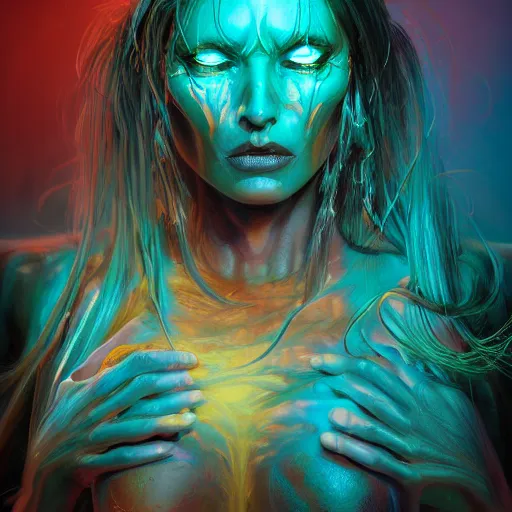 Prompt: Photorealistic demon goddess In the style of Michael Whelan. Hyperdetailed photorealism, 108 megapixels, amazing depth, glowing rich colors, powerful imagery, psychedelic Overtones, 3D finalrender, 3d shading, cinematic lighting, artstation concept art