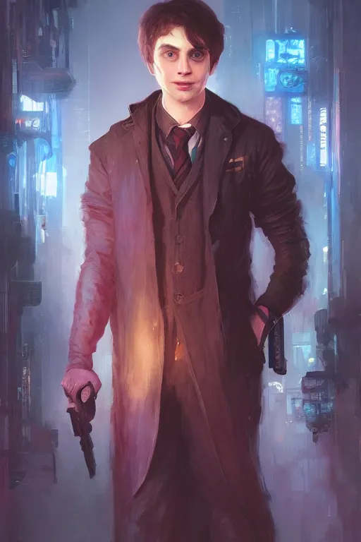 Image similar to portrait of Ron Wisly from harry potter in cyberpunk, neon lighting, night city, digital art from artstation by Ruan Jia and Mandy Jurgens and Artgerm and william-adolphe bouguereau and Greg Rutkowski and Wayne Barlowe