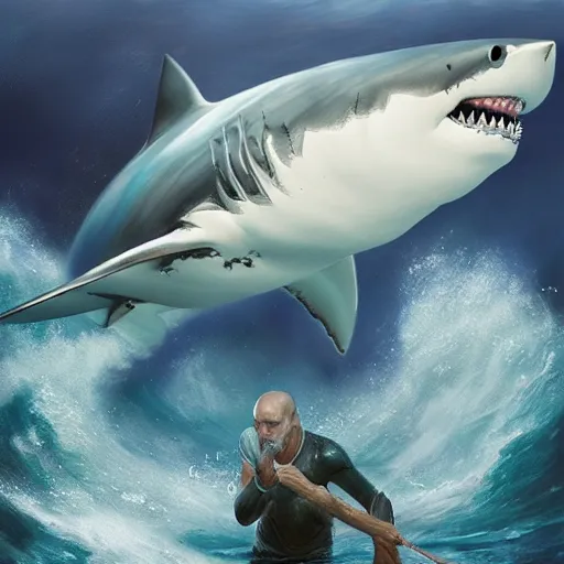 Prompt: a dream fantasy painting of ( white shark ) and a man, in the deep, by antonio j. manzanedo, trending on artstation, deviantart, photorealism