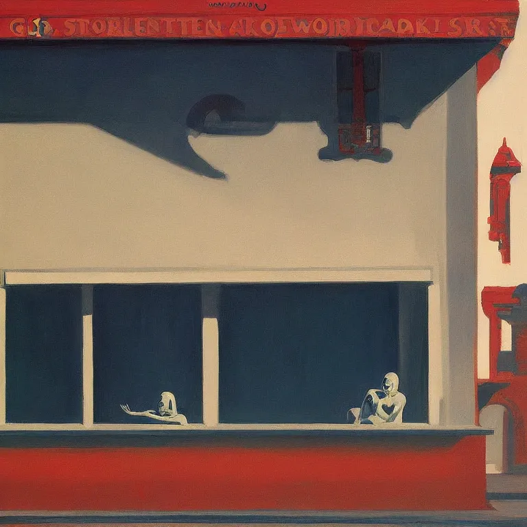 Image similar to Mahakala ghost, , painted by Edward Hopper, painted by James Gilleard, airbrush