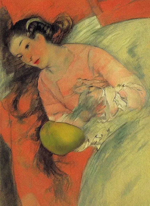 Prompt: vintage beautiful painting of a woman running away from a pear demon in Mary Cassatt style
