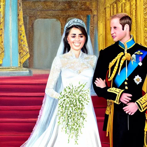 Image similar to detailed painting of prince william marrying american popstar miley cyrus, happy couple, official portrait, national portrait gallery, oil on canvas, painting