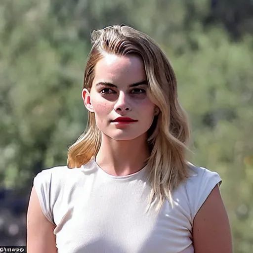 Image similar to a woman who is a genetic combination of margot robbie and emma watson face and upper - body focus