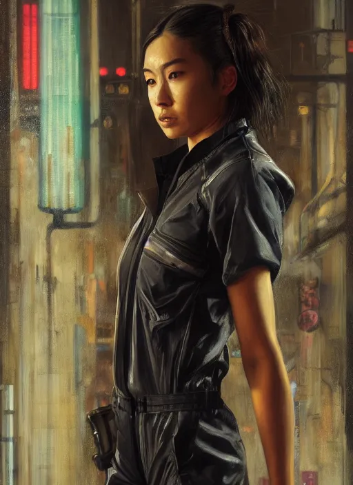 Image similar to Nikki Tanaka. Cyberpunk mechanic in jumpsuit (blade runner 2049, cyberpunk 2077). Orientalist portrait by john william waterhouse and James Gurney and Theodore Ralli and Nasreddine Dinet, oil on canvas. Cinematic, hyper realism, realistic proportions, dramatic lighting, high detail 4k