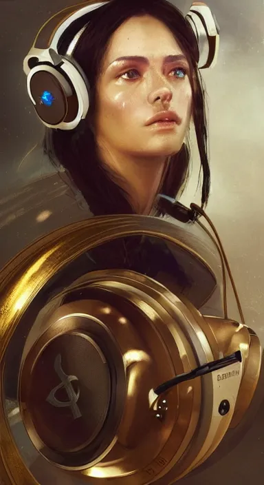 Prompt: portrait of a catholic cyborg saint djing with headphones on and a halo, high detail, hyper - realism, 4 k, by greg rutkowski and asher brown durand and vogue, trending on artstation