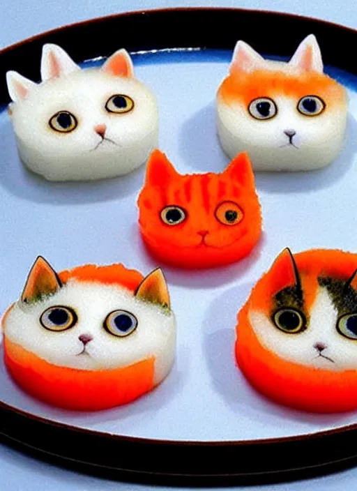 Image similar to clear surrealist painting of adorable cats made from sushi rice, sitting on sushi plates with garnish