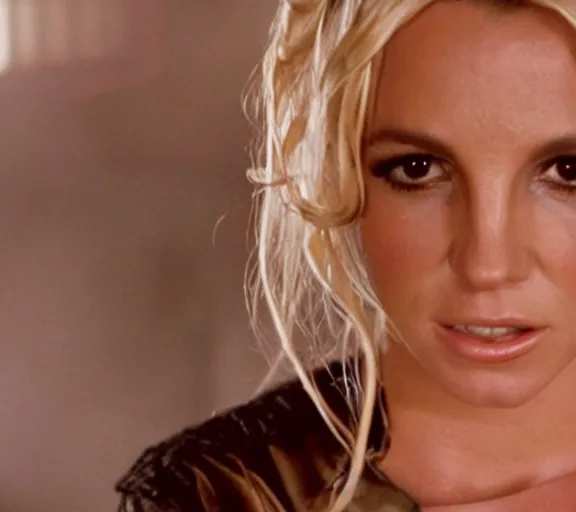 Image similar to a movie still of britney spears as a cuffed prisoner in the movie star wars