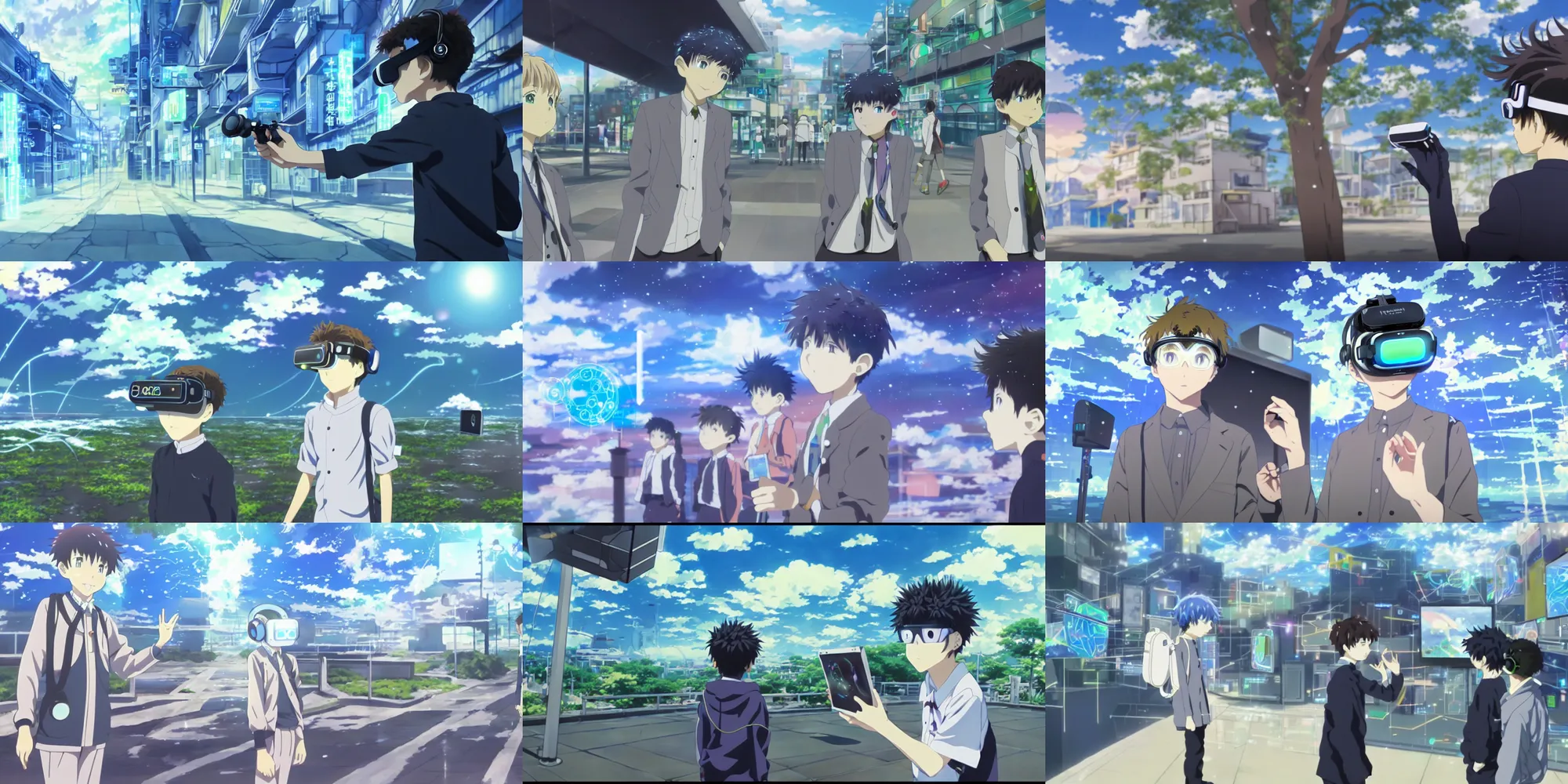 Prompt: painting of near future technological world, magical realism, screenshot from the Kyoto Animation anime about the boy who wears nervegear, augmented reality, real life blended with virtual reality
