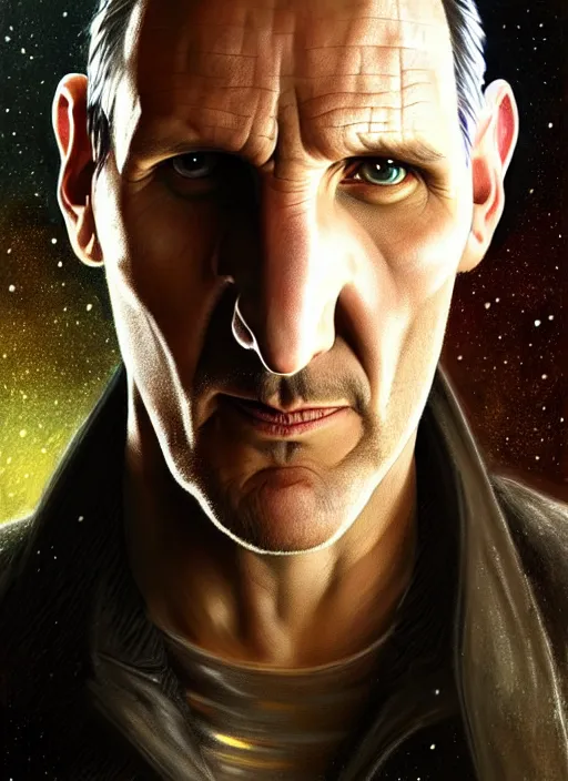 Image similar to portrait of christopher eccleston as the ninth doctor from doctor who, intricate, elegant, glowing lights, highly detailed, digital painting, artstation, concept art, smooth, sharp focus, illustration, art by wlop, mars ravelo and greg rutkowski