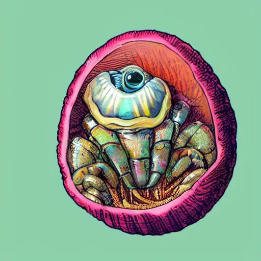 Prompt: hyperdetailed illustration of one small standalone hermitcrab inside a cyber shell, with maximalist elements. seen from the distance hd! matte paper background. childrenbook in soft natural tones