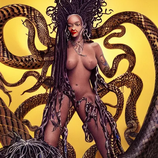 Prompt: Rihanna as Medusa, a winged human female with living venomous snakes in place of hair