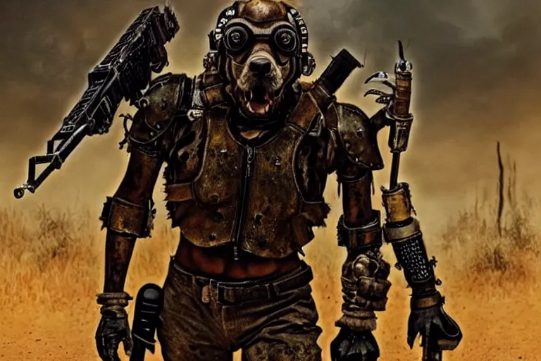 Image similar to a good ol'hound dog fursona ( from the furry fandom ), heavily armed and armored facing down armageddon in a dark and gritty version from the makers of mad max : fury road. witness me.