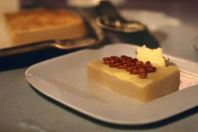 Image similar to yogurt, baked bean and cheese aspic, in 1 9 9 5, y 2 k cybercore, industrial low - light photography, still from a ridley scott movie