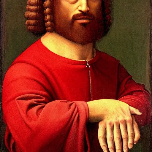 Prompt: a painting of a man wearing a red shirt, a character portrait by Quirizio di Giovanni da Murano, reddit, renaissance, da vinci, detailed painting, academic art