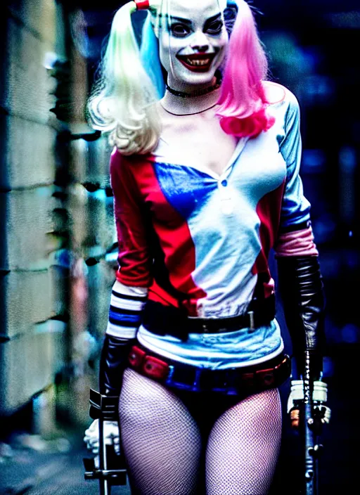 Image similar to 2 8 mm photo of beautiful suicide squad happy margot robbie with long white hair that looks like harley quinn standing on the wet street of dystopian gotham city at night, angry frown, seductive camisole, pinup, glamour fashion pose, watercolor, frank miller, moebius, jim lee, cinematic, ridley scott, lens flare, annie leibowitz