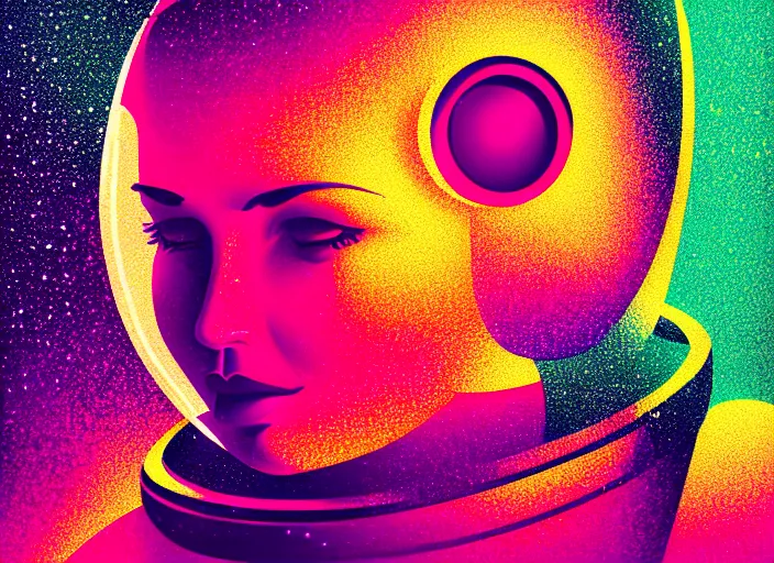 Prompt: portrait of a young astronaut girl, colorful,modern art deco, Mads Berg, Karolis Strautniekas, stippled light, fine texture, editorial illustration, dramatic lighting, dynamic composition, detailed, matte print