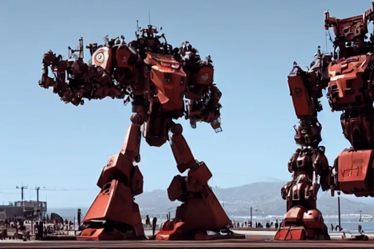 Prompt: cinematography of giant Mech on Santa Monica peer By Emmanuel Lubezki