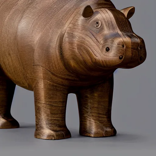 Image similar to wood block small hippo statue, wood blocks bottom hippo body, blue chrome top hippo body, by a genius craftsman, highly detailed, wood block legs made of polished wooden blocks