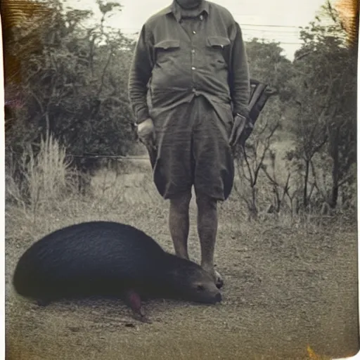 Prompt: old polaroid photo of an old man holding a rifle and standing proudly next to a giant capybara sleeping