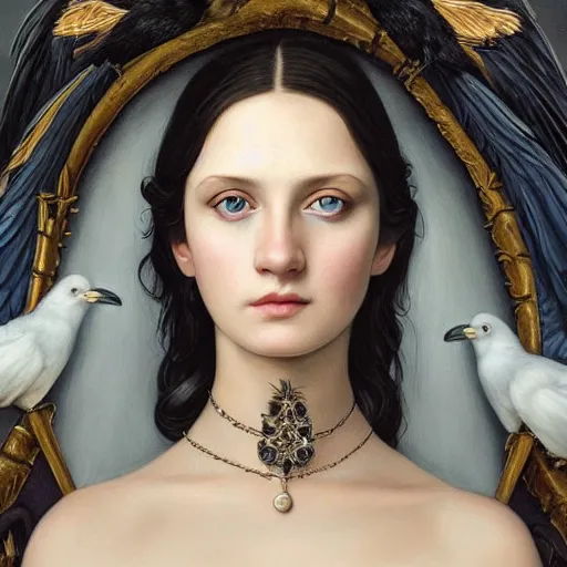 Prompt: full body portrait of a girl with blue eyes, gentle face, long dark hair, intricate detailed goth dress, among ravens, highly detailed, deep focus, elegant, digital painting, smooth, sharp focus, golden ratio, illustration, ultra realistic, 8 k, art by artgerm, artemisia lomi gentileschi and caravaggio