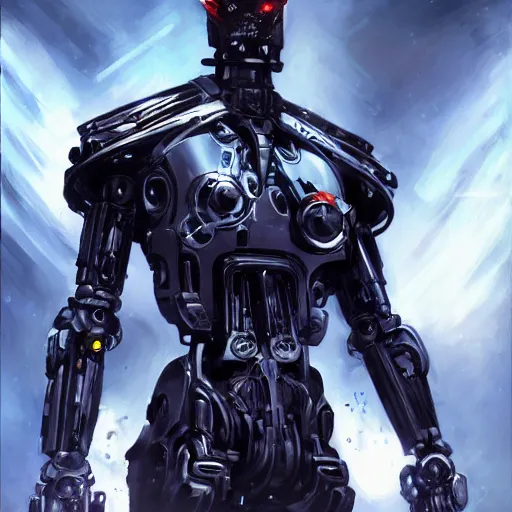 Image similar to robot villain from the future by raymond swanland, highly detailed