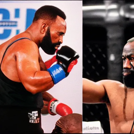 Image similar to mr. t punching joe biden in the ufc octagon, detailed facial expressions, 1 9 8 0 s aesthetic