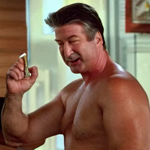 Prompt: alec baldwin is smoking a cigarette, shirtless, smeared in bbq sauce spray, exhaling smoke, distant staring expression, evil smile, he is so cool