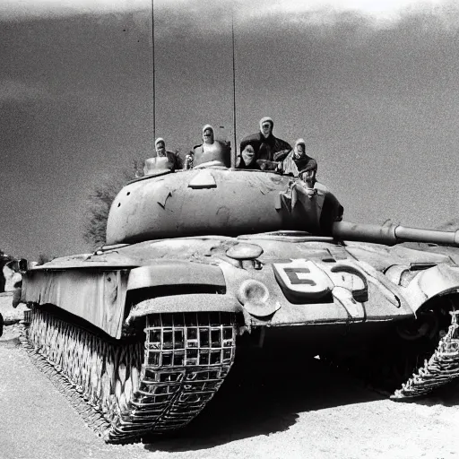 Image similar to historical photograph of a soviet t - 3 4 - 8 5 tank, taken in 1 9 5 0, black and white, soldiers smiling