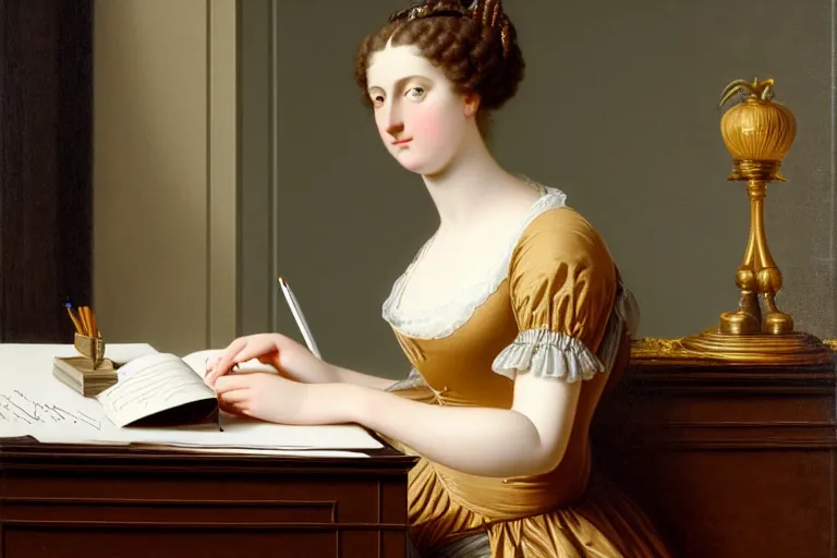 Prompt: 1 8 0 1 lady writing at her desk by vittorio reggianini, georgian dress, directoire style, regency, empire silhouette, bright lighting, perfectly detailed eyes, beautiful hands, pale skin, clear face