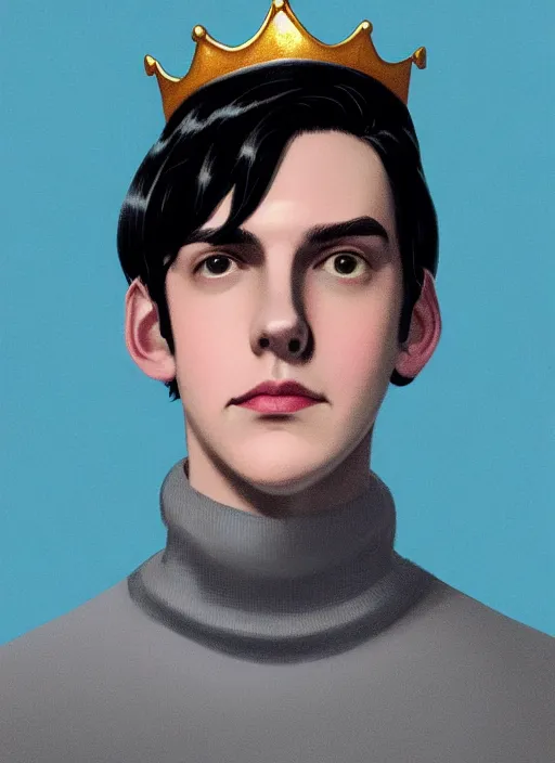 Image similar to portrait of teenage jughead jones wearing a light grey crown, crown, blue turtleneck, 1 9 5 0 s, closed eyes, photorealistic, black hair, glowing lighting, intricate, elegant, glowing lights, highly detailed, digital painting, artstation, concept art, smooth, sharp focus, illustration, art by wlop, mars ravelo and greg rutkowski