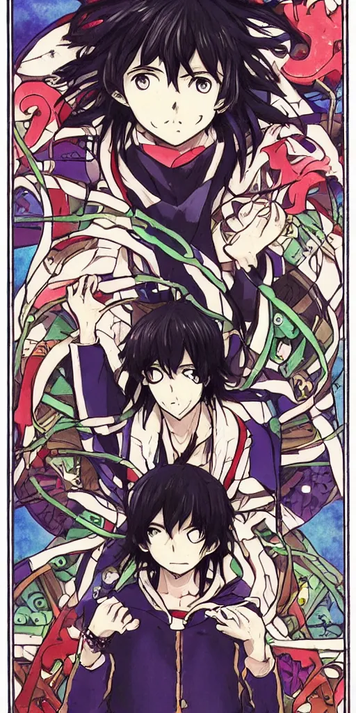 Image similar to Wheel of Fortune tarot card anime style drawn by Koyoharu Gotouge