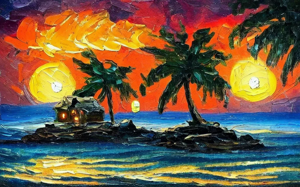 Image similar to a very very small island! cute cozy cottage!! and lanterns!!!, chairs, fireplace, palm trees, dark very late evening cloudy sunset, dramatic and dynamic lighting, thick brush strokes oil impasto painting