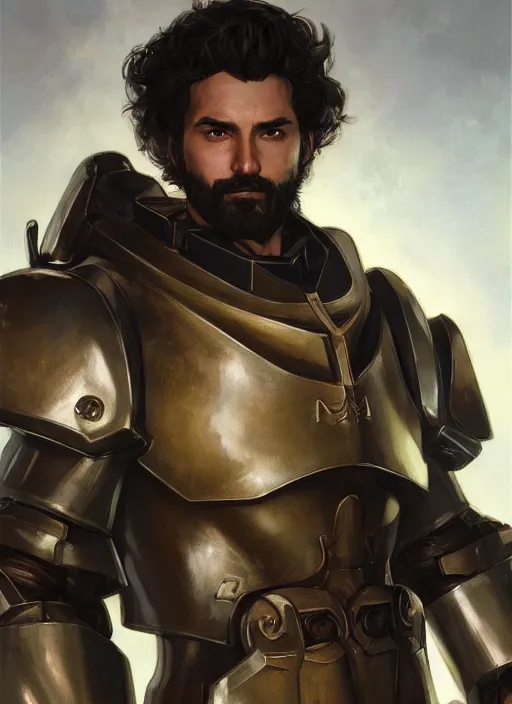 Image similar to medium-length portrait of a male paladin with short curly hair and a dark beard, dark brown skin, happy expression, wears a suit of power armor, gundam, buster sword, medieval setting, highly detailed, digital painting, artstation, concept art, sharp focus, illustration, art by greg rutkowski and alphonse mucha