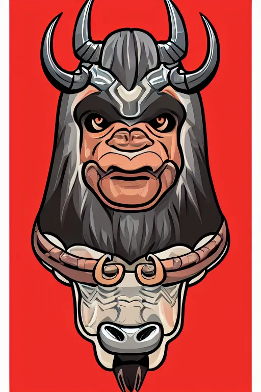 Prompt: A portrait of a bull as evil warlord general, sticker, Anthropomorphized, portrait, highly detailed, colorful, illustration, smooth and clean vector curves, no jagged lines, vector art, smooth