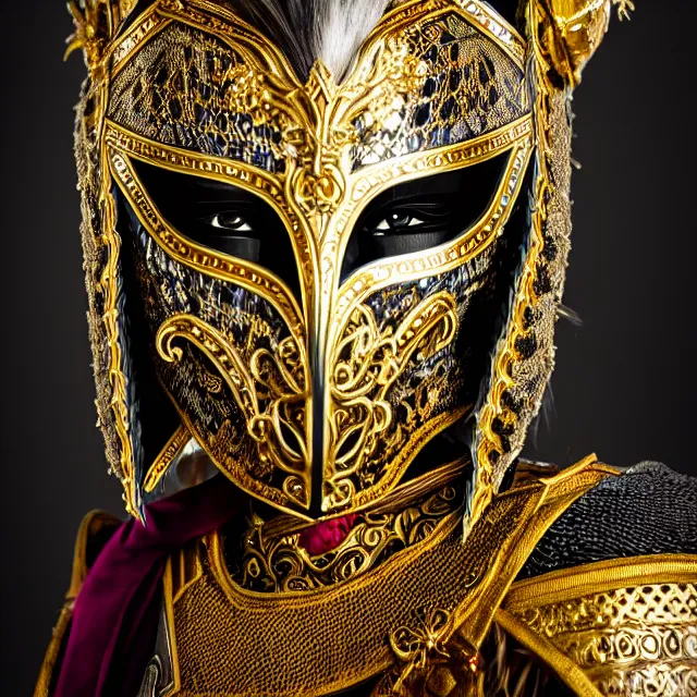 Prompt: full body portrait photo of a female warrior with ornate venetian mask and armour, highly detailed, 8 k, hdr, close up, smooth, sharp focus, high resolution, award - winning photo