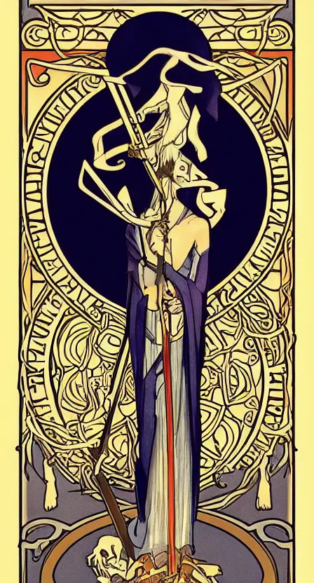 Image similar to a tarot card of the grim reaper with a scythe, standing on a pile of bones. illustrated in an art deco style by tamara de lempika and an elegant border by alphonse mucha. | studio lighting | digital painting, stunning lighting, trending on artstation