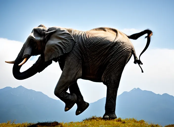 Image similar to dslr photo still of an elephant leaping off a mountain flying through the air, 4 k, 1 2 0 mm f 1 6