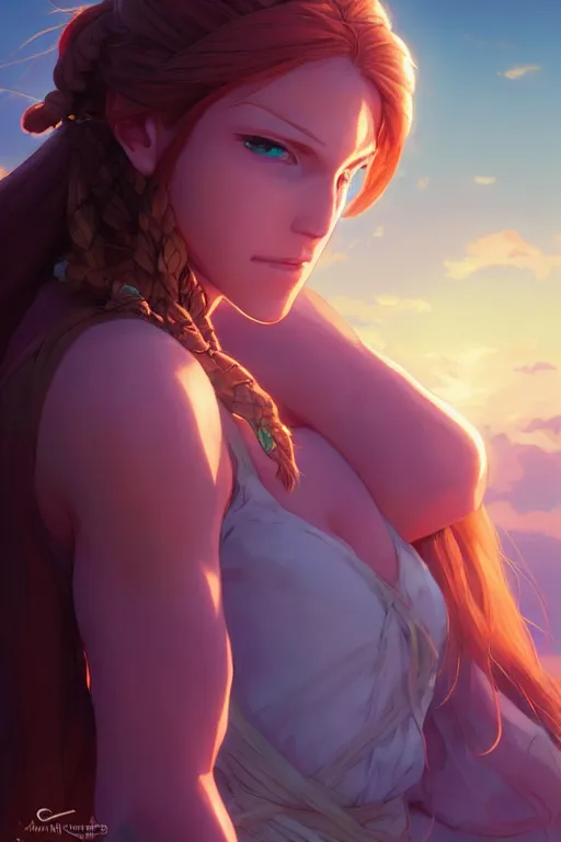 Image similar to long ginger hair, tanned woman in a prehistoric outfit, green eyes, by artgerm, hair tied in a ponytail, white backdrop, soft lighting, blue and purple colors, by greg rutkowski makoto shinkai takashi takeuchi