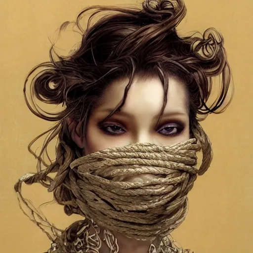 Image similar to portrait of a Shibari rope wrapped face and neck, headshot, insanely nice professional hair style, dramatic hair color, digital painting, of a old 13th century, traveler, amber jewels, baroque, ornate clothing, scifi, realistic, hyperdetailed, chiaroscuro, concept art, art by Franz Hals and Jon Foster and Ayami Kojima and Amano and Karol Bak,