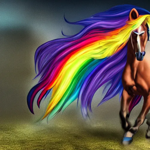 Image similar to Rainbow Dash, Equine Photography, Pegasus, Light-blue coat with rainbow mane and tail, realistic 4k