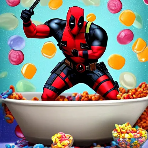 Image similar to Deadpool at home swimming in a bathtub full of fruity pebbles cereal