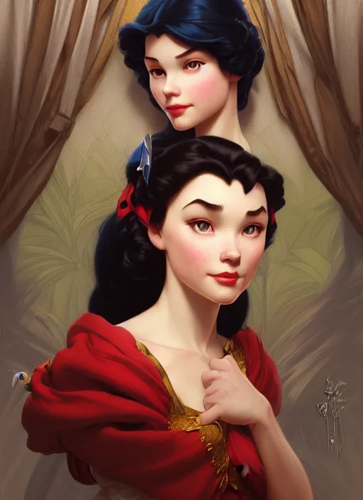 Image similar to portrait of disney snowhite, intricate, elegant, highly detailed, my rendition, digital painting, artstation, concept art, smooth, sharp focus, illustration, art by artgerm and greg rutkowski and alphonse mucha and uang guangjian and gil elvgren and sachin teng, symmetry!!