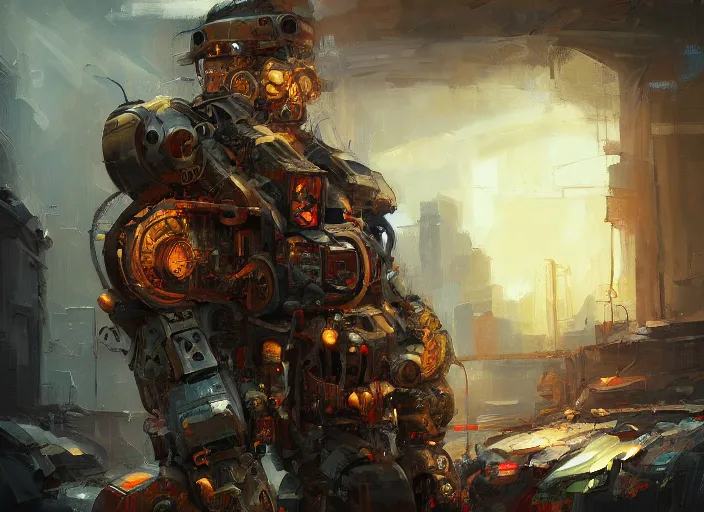 Prompt: enviroment design, a man made out of broken machine parts, warm colors, cinematic dramatic atmosphere, oil painting by jama jurabaev, extremely detailed, brush hard, artstation, for aaa game, high quality, brush stroke