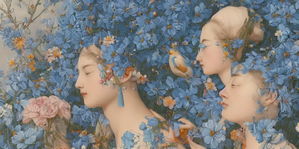 Prompt: breathtaking detailed concept art painting pattern of two goddess of light blue flowers with anxious piercing eyes and flowers and fruits and birds, by hsiao - ron cheng and beto val and john james audubon, bizarre compositions, exquisite detail, extremely moody lighting, 8 k