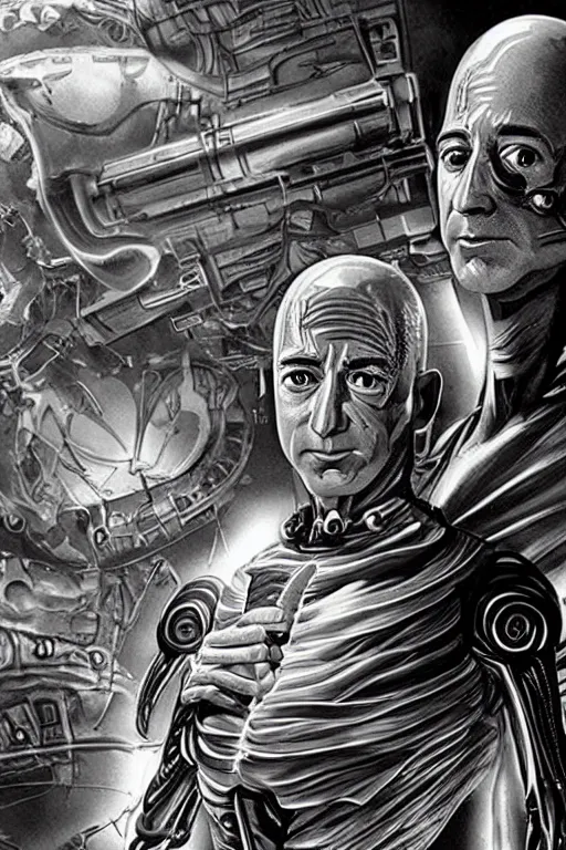 Image similar to jeff bezos as a filthy alien invader with a laser weapon from a pulp movie, photorealistic, cinematic lighting, highly detailed, very intricate, by hr giger