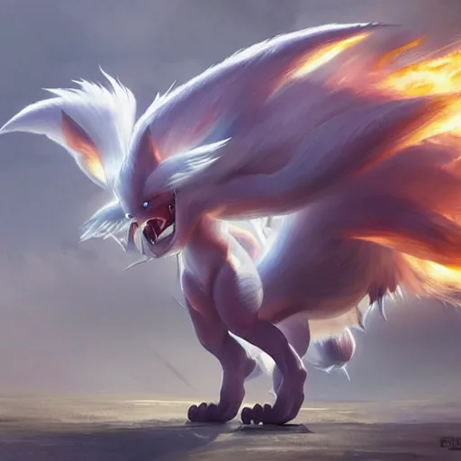 Image similar to pokemon ninetails of fire, artstation greg rutkowski, cinematic, hyperrealist, digital art