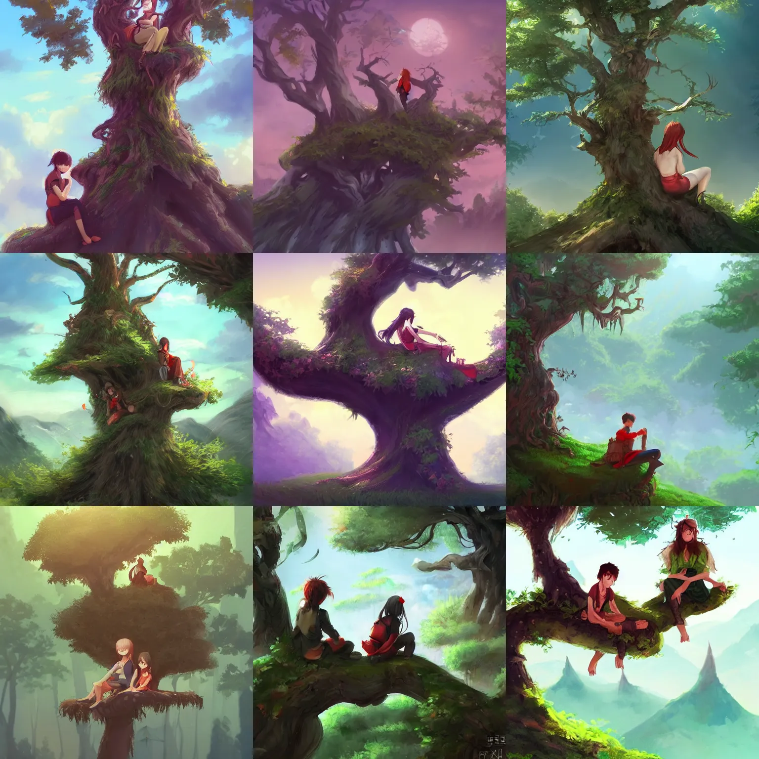 Prompt: people sitting on top of a tree, concept art by pu hua, pixiv contest winner, fantasy art, artstation hd, concept art, storybook illustration