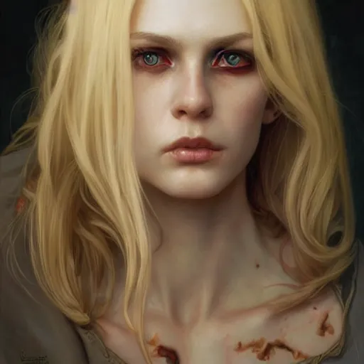 Image similar to portrait of a beautiful young blonde vampire, anatomically correct, dark, piercing eyes, gentle expression, elegant clothing, photorealistic, highly detailed, artstation, smooth, sharp focus, art by michael whelan, artgerm, greg rutkowski and alphonse mucha