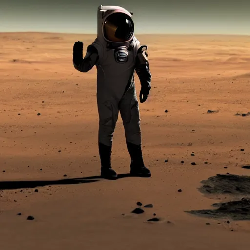 Image similar to elon musk standing on the surface on mars in a spacesuit, dramatic lighting, cinematic, wide shot, 4 k, hd, sharpdetails